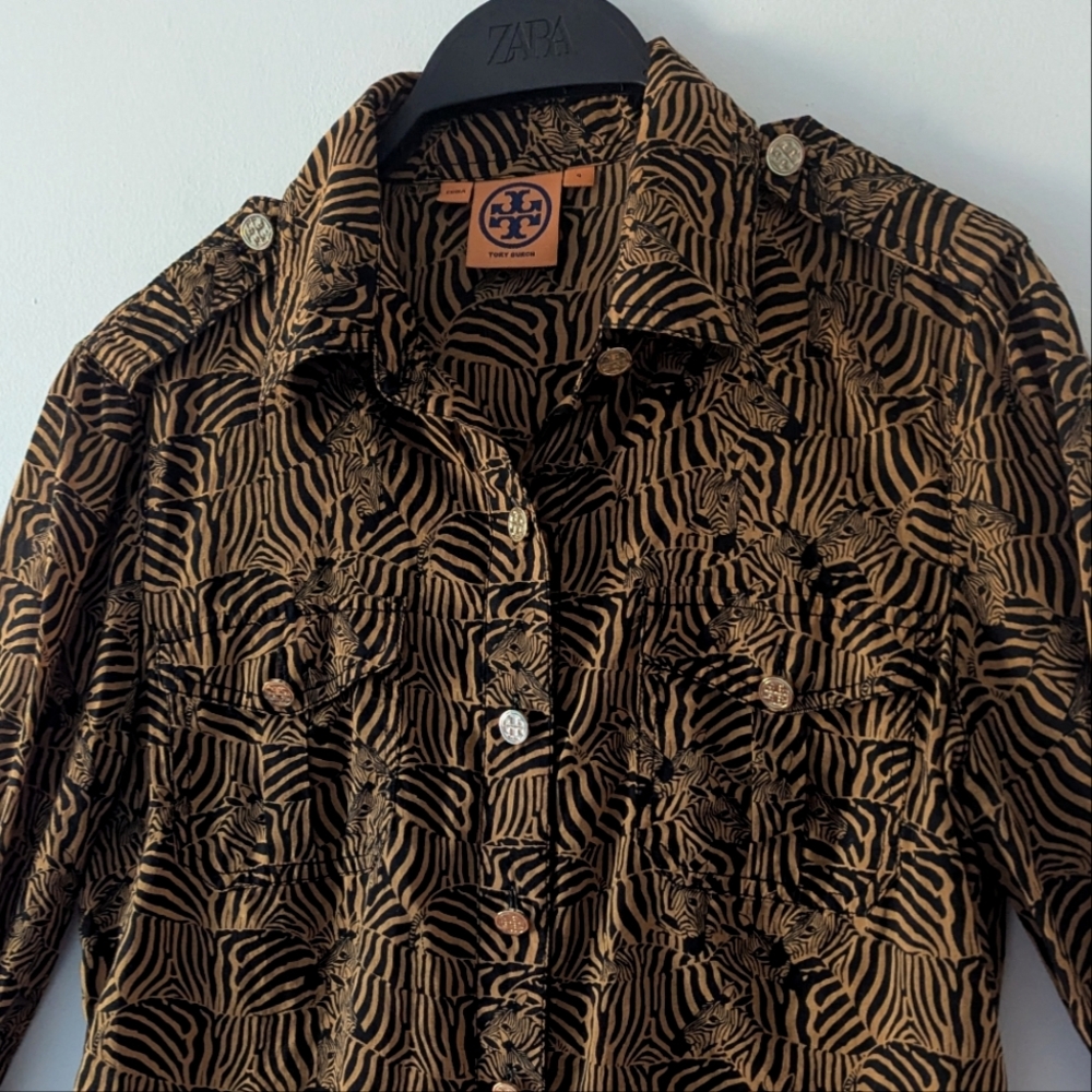 TORY BURCH Brown Gold Buttons Animal Print Zebra Button Down Shirt Size 4 - Picture 4 of 11
